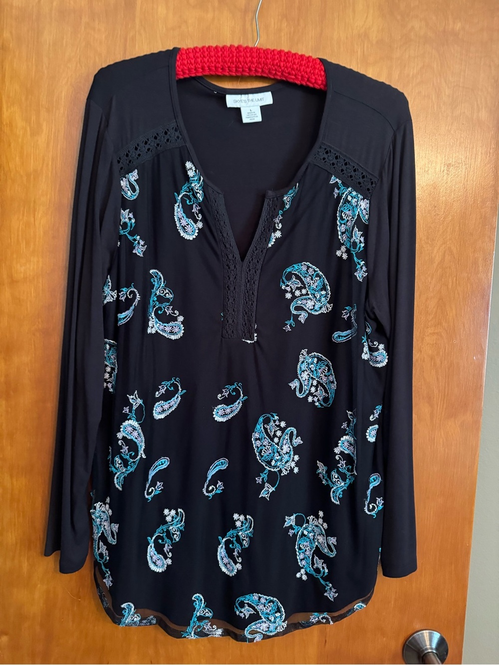Skye's the Limit Black Top with Teal Embroidery
